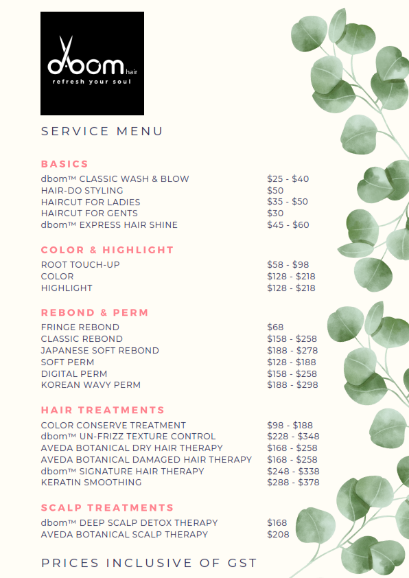 Dbom Hair Service Menu - Dbom Hair Salon Price List